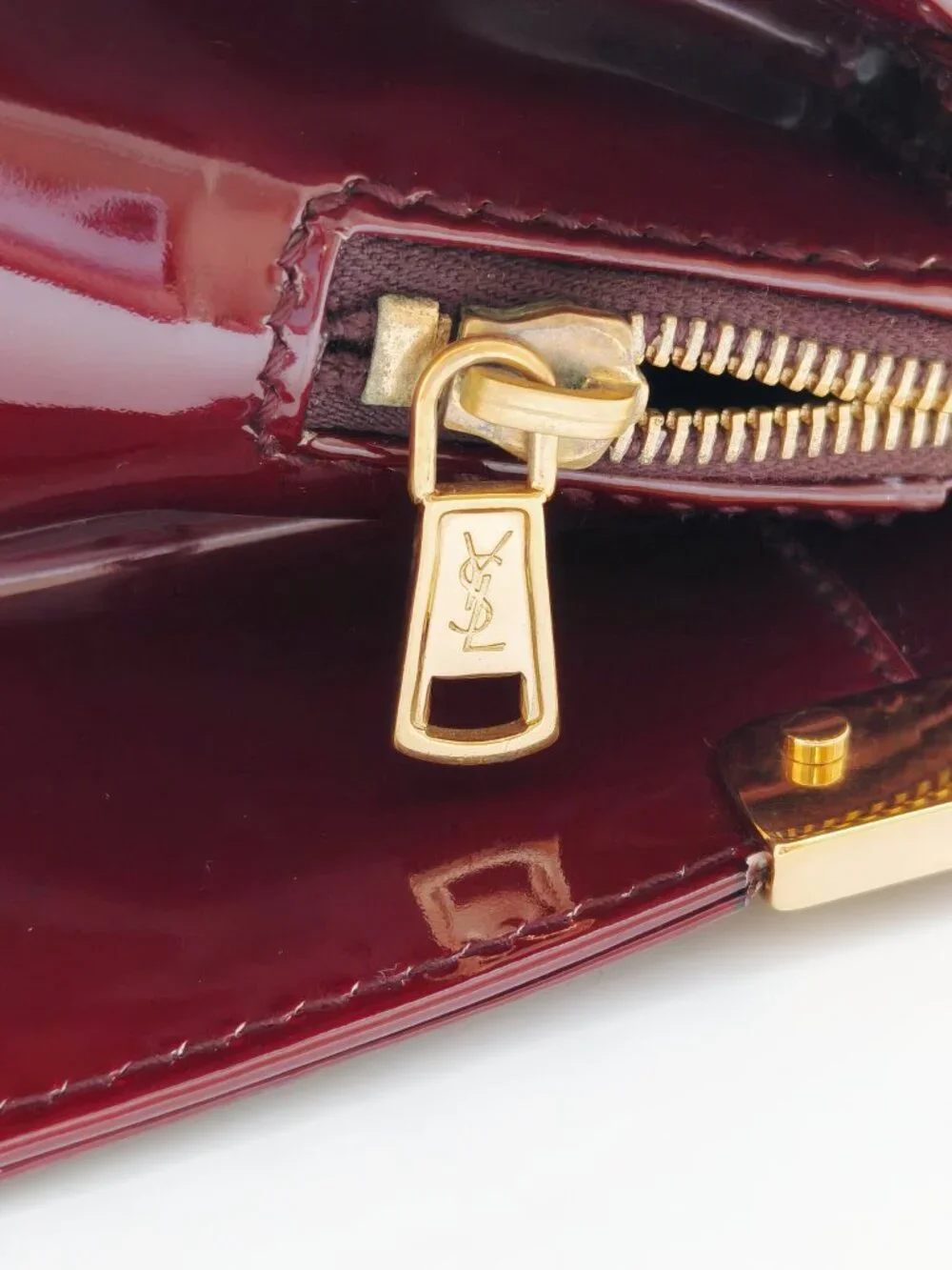 YSL Yves Saint Laurent Uptown Burgundy Patent Leather Satchel Top Handle Bag